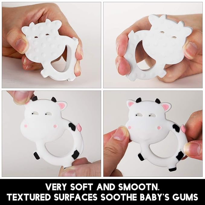 Baby Food Grade Silicone Teether Toy with Pacifier Clip Holder,Teething Toys Gift Set for 3 Months+ Boys and Girls,Freezer Safe,BPA Free. (Cow)