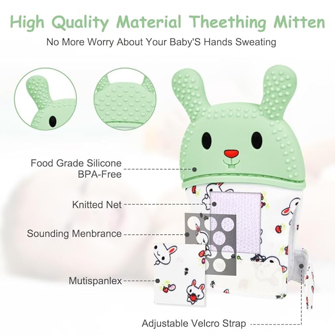 2Pack Silicone Teething Mitt, Rabbit Baby Teething Toy for 0-6 6-12 Months, Food Grade Silicone Infant Teething Mitten, BPA-Free Baby Chew Toys for Pain Relief, Sucking Needs
