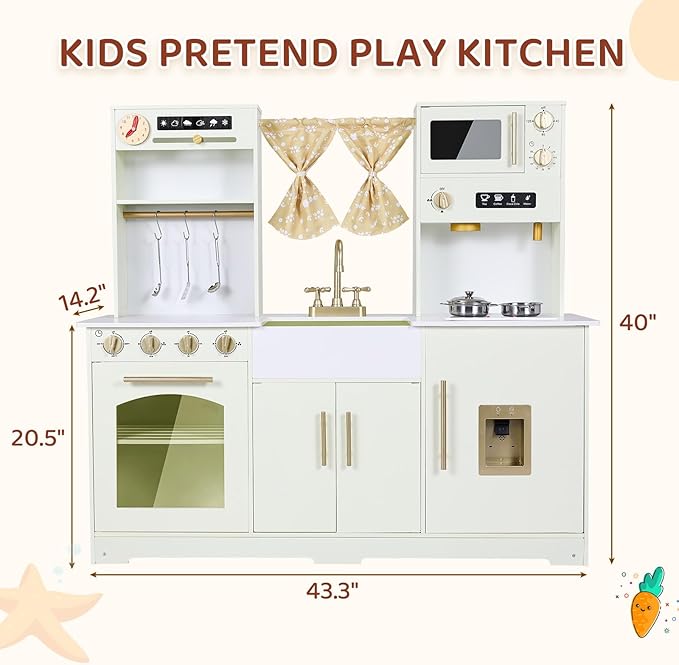 MAMIZO Kids Play Kitchen, Wooden Pretend Toy Kitchen, Large Toodler Cooking Playset, Stove and Water Dispenser w/Sound & Light, Sink, Microwave, Curtain, Modern Home Style for Ages 3+ (Yellow)