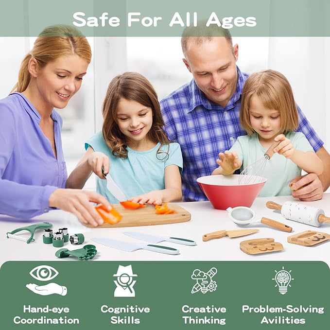 20 PCS Kids Safe Knife Set for Real Cooking, Montessori Kitchen Tools for Toddlers, Cooking & Baking Set for Little Chefs, Kids Kitchen Knife, Crinkle Cutter, Kid Apron for Girls Boys