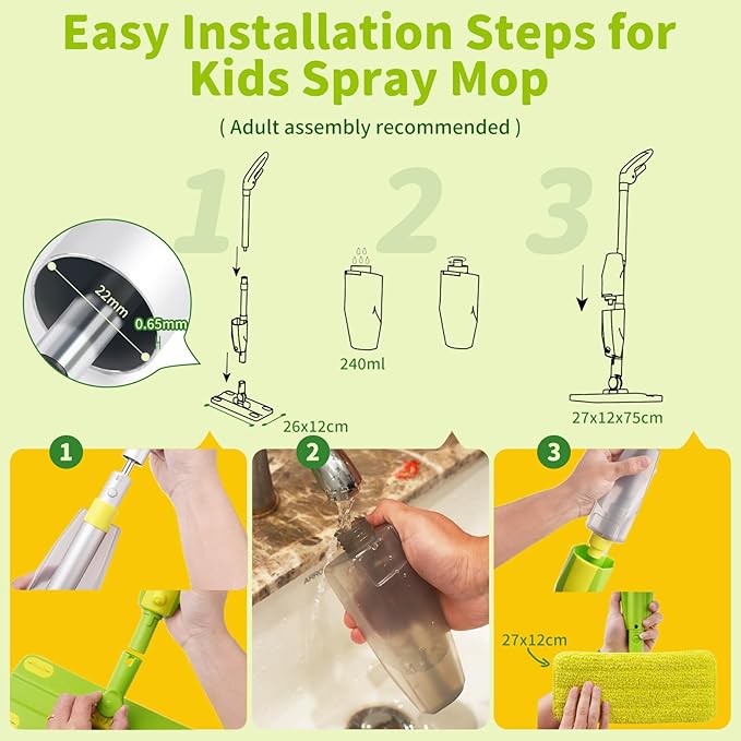 Kids Spray Mop, Fun & Functional Toddler Mop Cleaning Set,Real Working Mini Mop, Pretend Play Toy –Includes Spray Bottle,Washable Microfiber Pads, Montessori Kids Cleaning Toy Set -Green