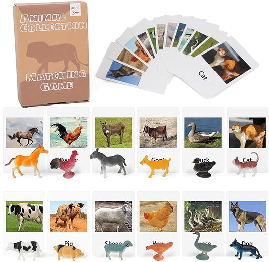 MEROCO Montessori Animal Match Cards Miniature Poultry Animals with Matching Cards - 2 Part Montessori Learning Toy, Language Materials TZX106