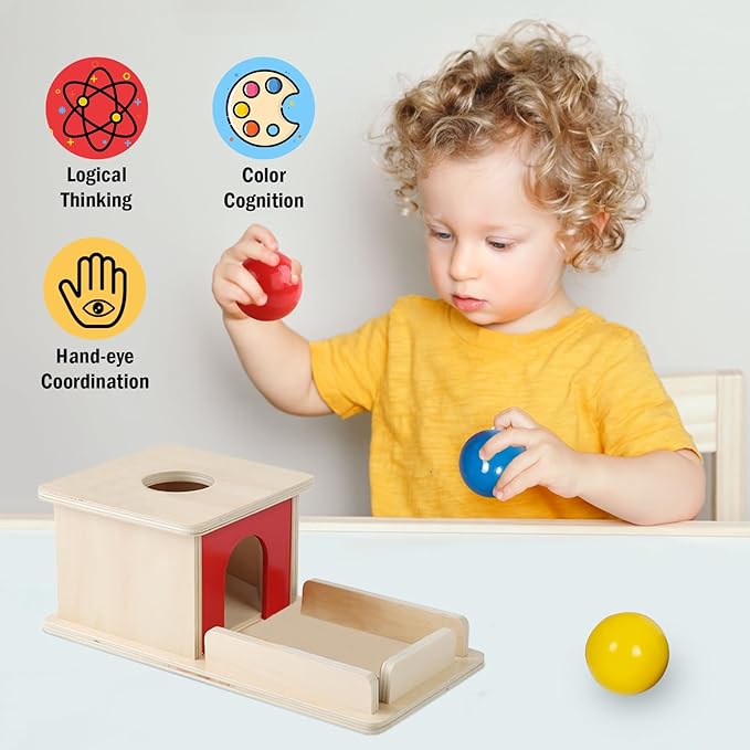Adena Montessori Wooden Toy for 6-12 Month Baby 3 Balls,Object Permanence Box with red Door Colorful Learning Education Toy for Toddler Kid 1-2 Year Old, Preschool Girl and Boy Gift Full Size Typical