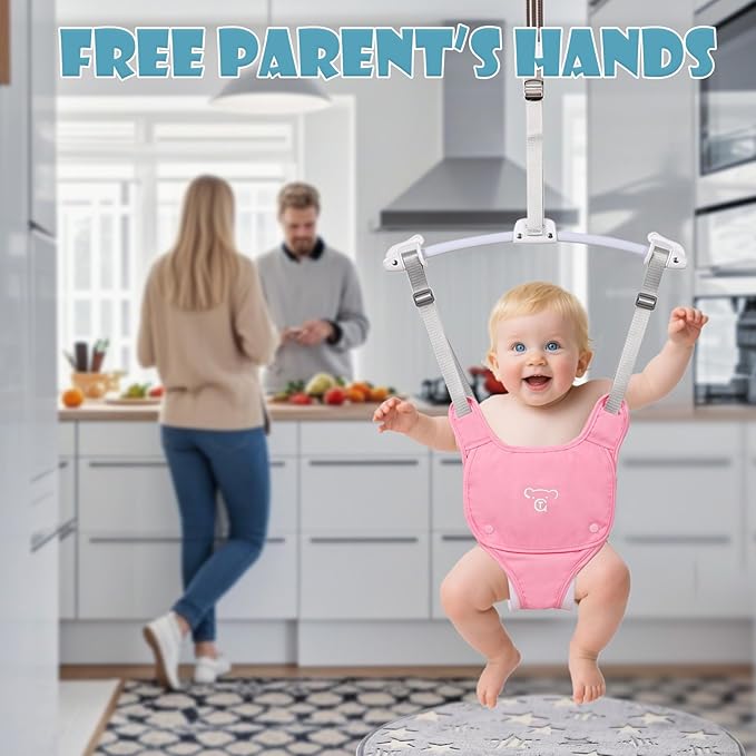 Baby Jumper, Baby Jumper Doorway with Adjustable Strap, Easy to Assemble, with a Soft Rug (Pink)