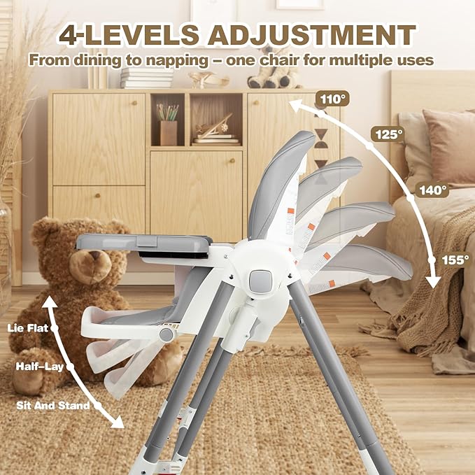 High Chairs for Babies and Toddlers Convert to Baby Swings Foldable High Chair Adjustable Convertible with Reclining Seat & Leg Rest, 3-in-1 with Tool-Free Assembly (Grey)