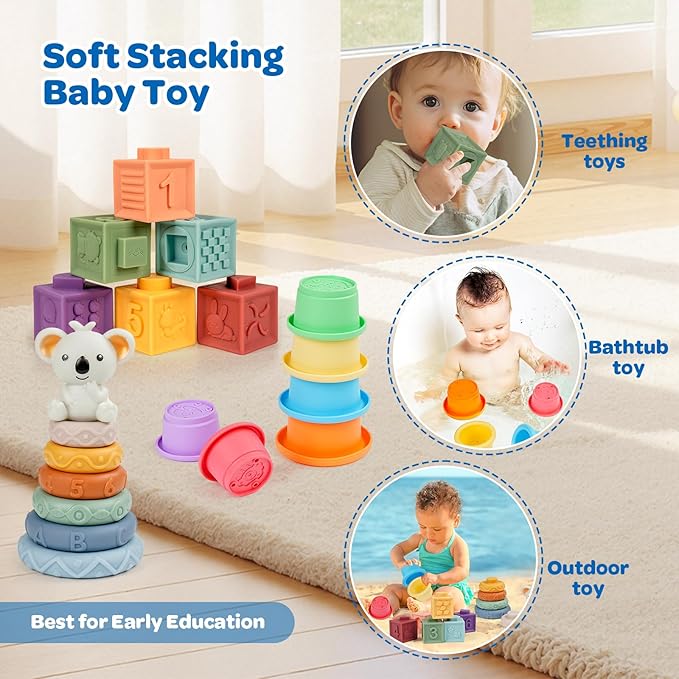 Montessori Toys for Babies Ages 6–12–18 Months with Sensory Shape Sorter Matching Game Box Stacking Cups Soft Ring, Building Blocks, Spinner Developmental Learning Toys for Toddlers 1+ Year Old