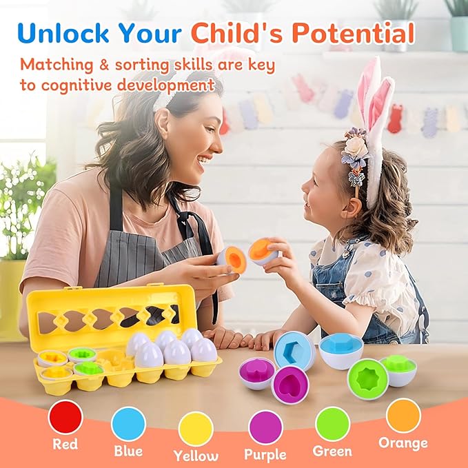USATDD Matching Eggs for Toddlers Montessori Color & Shape Recognition Toy, Fine Motor Skills Shape Sorter Puzzle, Educational Montessori for Kids,12pcs Eggs Toy