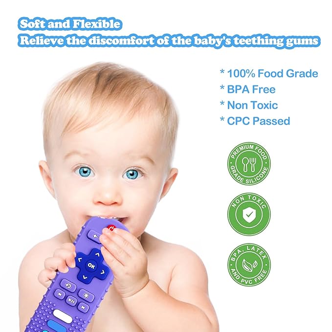 Baby Teething Toys, Food Grade Silicone Teether for Babies 3 6 12 18 Months, TV Remote Shape Toddlers Chew Toys, Freezer BPA Free (Purple+Khaki)