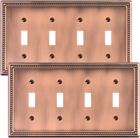 2-Pack Quad Toggle Light Switch Cover Plate, 4 Gang Metal Switch Plate Covers, Antique Copper Pearls Decorative Wall Plate, Corrosion Resistant