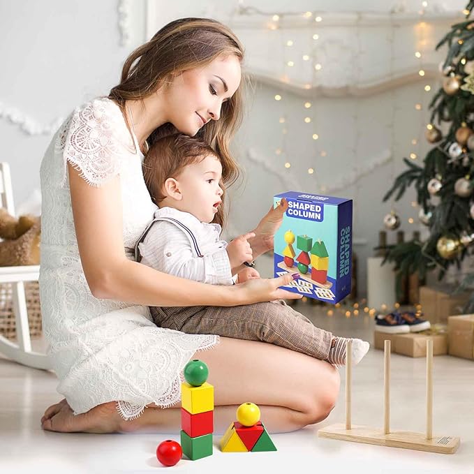 Wooden Sorting & Stacking Toys, Color Recognition Sensory Toys Shape Matching Game, Stacking Puzzle Building Blocks Learning Activities Fine Motor Skills Toy for 2 3 4 5 Years Old Kids