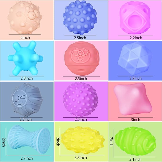 12 Pcs Sensory Balls for Toddlers 1-3, Sensory Baby Toys 6-12 Months, Montessori Toy for Babies 6-12 Months Squeeze, Infant Toys Soft Multi Ball Set Gifts with Bright Color Textured