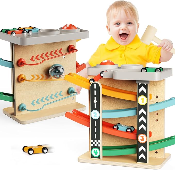 2-in-1 Pound Ball Toddler Toy Wooden Car Ramp Race Track Ball Drop Baby Toy Set Gift for 1 2 3 Year Old Boys Girls Montessori Developmental Learning Activity Interactive Cause Effect Birthday Present