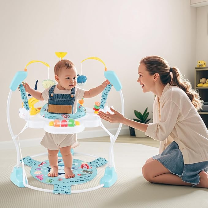 HONEY JOY Baby Bouncer Activity Center, Infant Jumper and Table w/ 360° Rotary Seat, 3 Adjustable Heights, Mat, Music, Lights, Sounds & Developmental Toys, Activity Center for Babies (Light Blue)