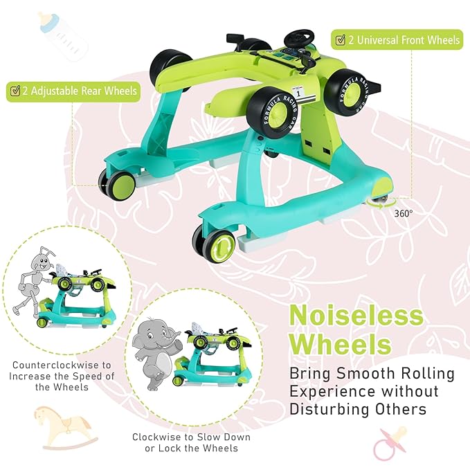 BABY JOY 4-in-1 Baby Walker, Foldable Activity Walker with Adjustable Height & Speed, Music, Lights, Anti-Rollover, Toddler Push Walker, Baby Walker with Wheels for Boys Girls 6-18 Months (Green)