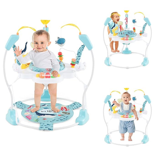 HONEY JOY Baby Bouncer Activity Center, Infant Jumper and Table w/ 360° Rotary Seat, 3 Adjustable Heights, Mat, Music, Lights, Sounds & Developmental Toys, Activity Center for Babies (Light Blue)