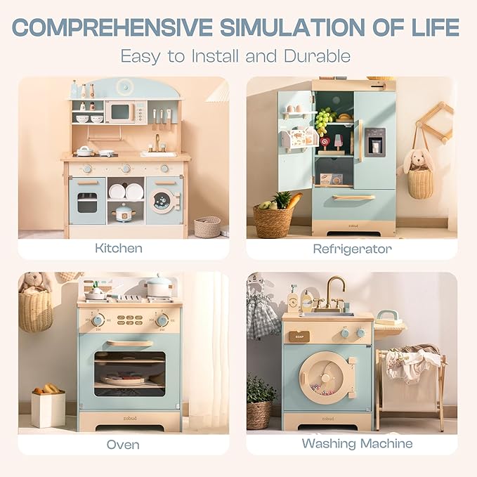 ROBUD Wooden Play Kitchen Set, Kids Toy Kitchen Set with Realistic Design, Utensils, Ice Maker, Fridge, Oven, Washer, Modern Style Play Kitchen with Accessories, Ideal Gift for Boys & Girls, Blue