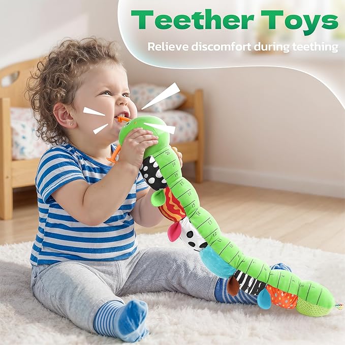 HEMRLY Baby Gifts Toys, Sensory Toy 0-6 Months, Musical Stuffed Caterpillar Plush with Soft Teether, Rattle for Tummy Time, Infant Car Seat Toy for 0-3-6-12 Month Boys Girls Gifts - Spotted Green