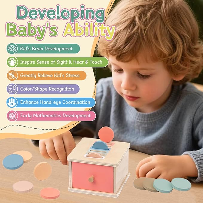 Montessori Toys for 2 3 4 5 Year Old - Wooden Object Permanence Box with Drawer Sensory Toys Shape Sorter Color Sorting Education for Baby Toddler Boy Girl Drop Busy Box (D-Coins)