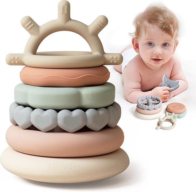 Moonkie Stacks of Circles Soft Teething Toy | Educational Learning Baby Toy | Stacking Ring Toys for Babies Boy and Girl | 7 Piece Teethers Set