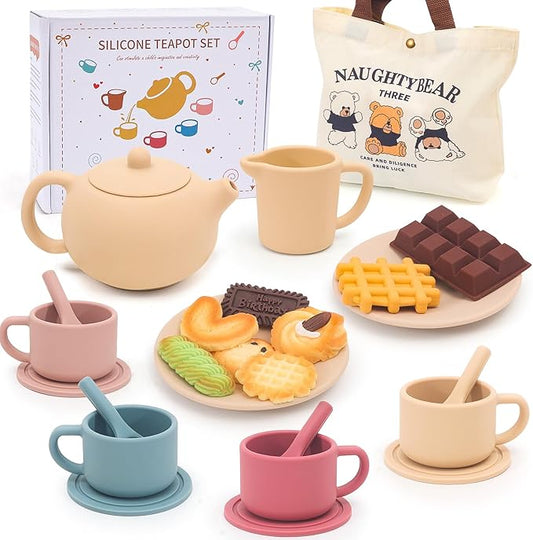 Silicone Tea Party Set for Little Girls Kids Toddlers Tea Set with Tea Pot Cups Food Pretend Play Kitchen Accessories Christmas Birthday Gift for Girls Age 3 4 5 6 Year Old Toys