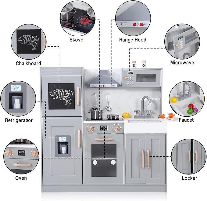 Kids Kitchen Playset,Wooden Play Kitchen Playset with Ice Maker Microwave,Oven and Other Accessories,Chef Pretend Play for Toddlers with Real Lights & Sound,Toy Gift for Boys Girls