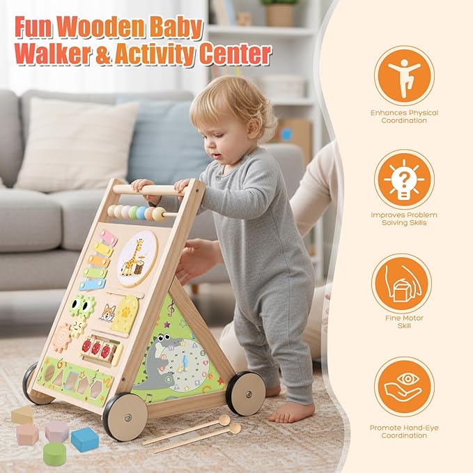Wooden Baby Walker with Wheels Push Walker for Babies 6-12 Months Toddlers Montessori Walking Toys for 1 Year Old Learning to Walk Activity Center for 12-18 Months Boys Girls Gifts Color Sorting Toys