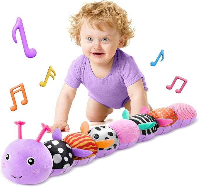 HEMRLY Baby Gifts Toys, Sensory Toy 0-6 Months, Musical Stuffed Caterpillar Plush with Soft Teether, Rattle for Tummy Time, Infant Car Seat Toy for 0-3-6-12 Month Boys Girls Gifts - Spotted Purple