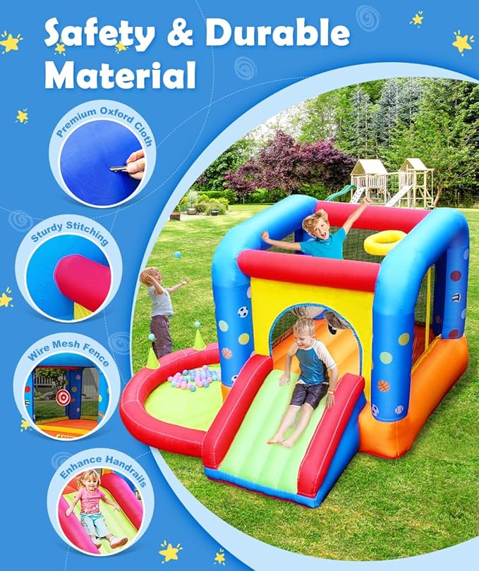 Step4Fun Inflatable Bounce House, Kids Castle Slide Bouncer for Children Jumping Outdoor and Indoor Party, Baby Backyard Water Jumper Toy with Blower, Ball Pit Pool, Ideal Gifts（112 x 98 x 65”）