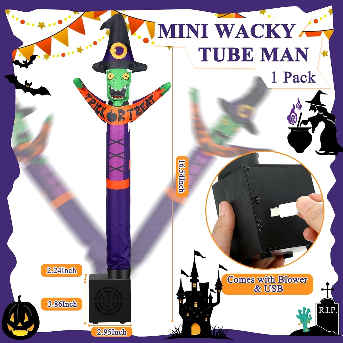 Halloween Wacky Waving Inflatable Tube Guy Gift Witch Mini Inflatable Tube Man with Blower Desktop Ghost Air Tubes Toy Inflatable Man Dancing Small Desk Decorations for Halloween Party Decor