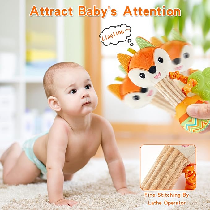 Baby Rattles 0-6 Months，Baby Soft Rattles Shaker，Hand Grab Sensory Shaker,Teething Toys for Babies 6-12 Months，Sensory Plush Animal Toys for 0 3 6 9 12 Months Newborn Toys, 2PCS