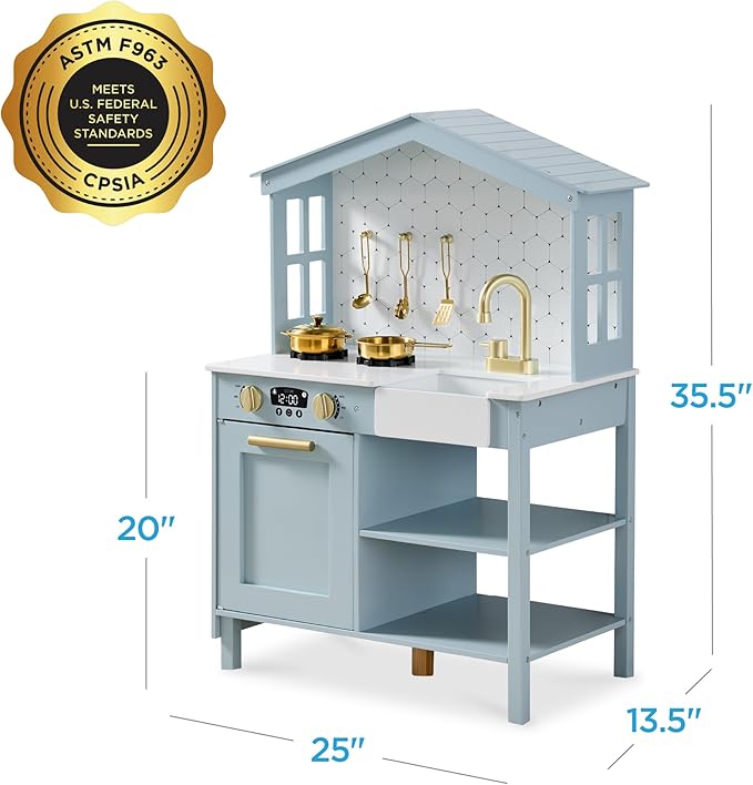 Best Choice Products Pretend Play Wooden Farmhouse Kitchen Set for Kids w/Toy Storage, Clicking Knobs, Windows, 5 Accessories Included - Ocean