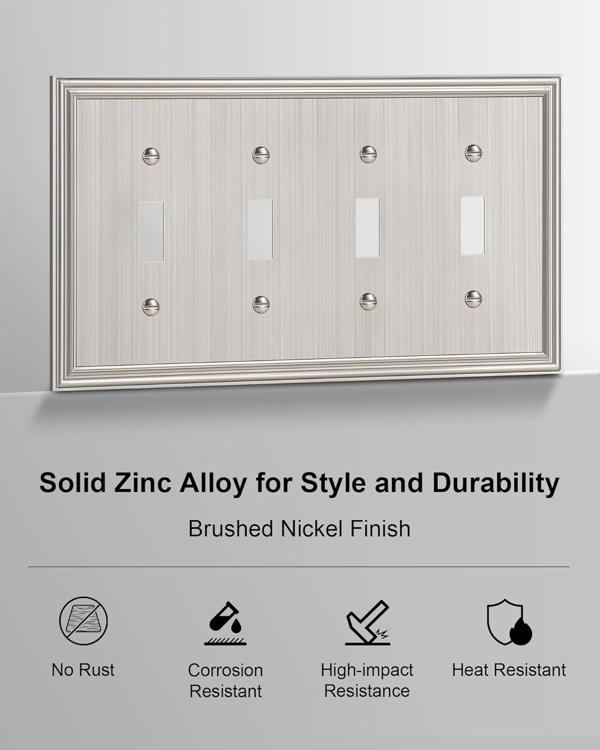 2-Pack Quad Toggle Light Switch Cover Plate, Durable Zinc Alloy Decorative Switch Plate Covers, Brushed Nickel 4 Gang Wall Plate for Toggle Light Switch and Rotary Dimmer Switch