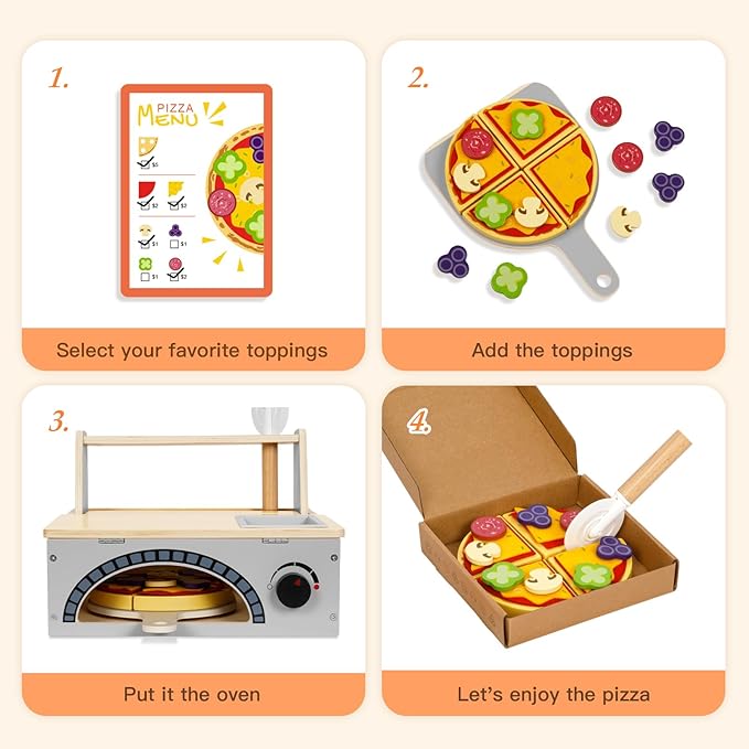 OOOK Wooden Pizza Toy Kids Pizza Counter Playset, Toy Pizza Oven， Montessori Pretend Play Toys with Toy Food, Bake Oven, Role Play Set for 3 4 5 6 Year Old Boys Girls
