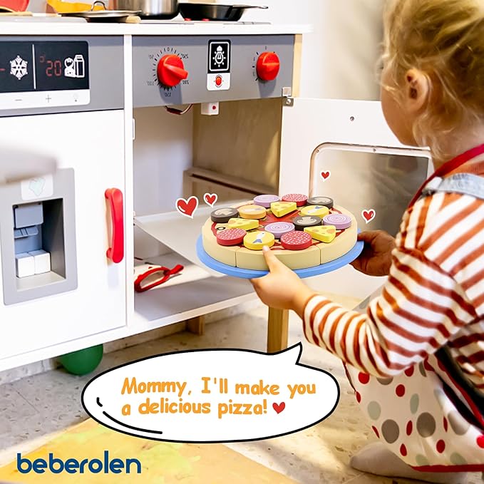 Wooden Pizza Play Food Set - 24 Pcs Cutting Toys, Pretend Play Kitchen Accessories for 3-5 Year Old Toddlers Boys & Girls