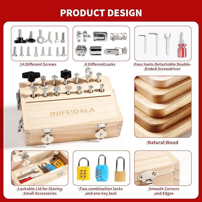 Montessori Busy Board Toddler Toys for Ages 3+ - Wooden Sensory Latches Board with Lock & Key & Kid Tool Screwdriver Set, Preschool Educational Toy - Fine Motor Skills - STEM Learning Toys