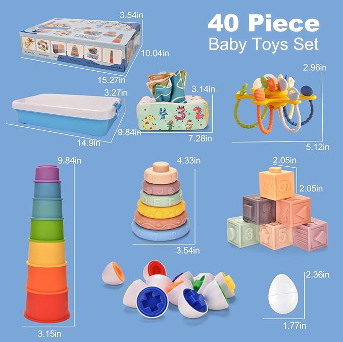 Baby Toys 6-12 Months,Baby Montessori Toys for 1 Year old,6-in-1 Sensory Toys for Babies 6-12 Month,Stacking Cups Building Blocks,Teething Pull String,Tissue Box Toys for 6-9-12-18 Months Baby Gifts