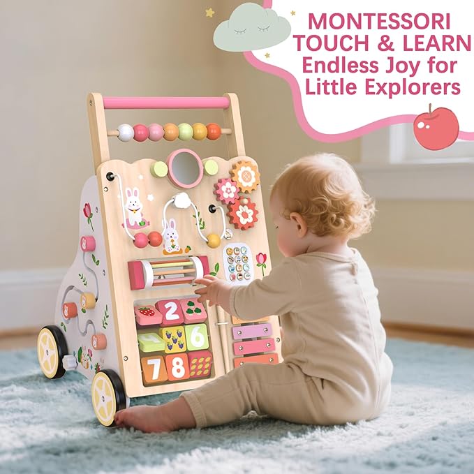 Baby Push Walker, Wooden Baby Walker with Wheels, Montessori Activity Center for 1 2 3 Years Old Boys Girls, Adjustable Speed & Height Push Toy for Toddler Learning to Walk, Gift for Kids Development