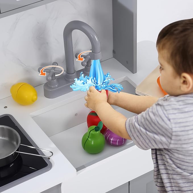 Kids Kitchen Playset,Wooden Play Kitchen Playset with Ice Maker Microwave,Oven and Other Accessories,Chef Pretend Play for Toddlers with Real Lights & Sound,Toy Gift for Boys Girls