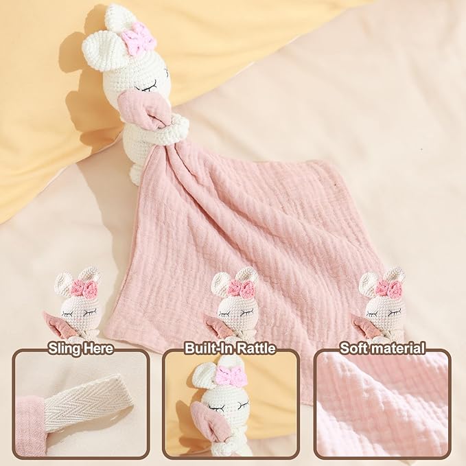 Plush Baby Rattle and Soft Doll Set – Handmade Crochet Toy Rattle for Newborns, Soft Plush Rabbit Rattle for Infants, Doll Blanket – Perfect First Toys for Baby Girl 0-6 Months