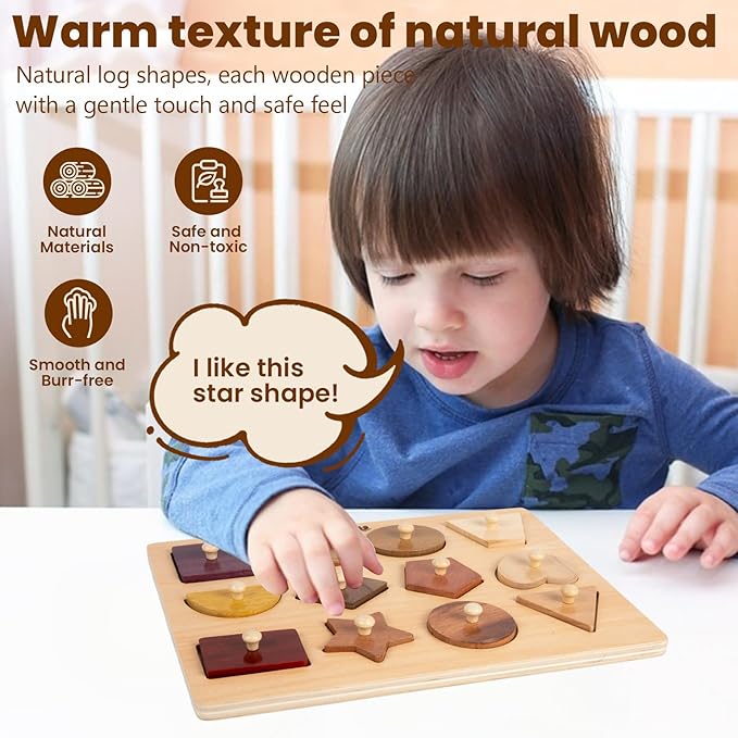 Adena Montessori Wooden Puzzles for Toddlers 1-2, 12 Piece Shape Peg Board with Knobs Educational Learning Toys for 1-2 Year Old Natural Wood Shape Sorter for Babies Durable Montessori Toys