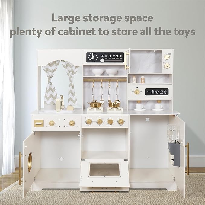 Wooden Play Kitchen Set with Ice Maker, Water Dispenser, Coffee Maker,Big Toddler Toy Kitchens Playset with Washing Machine,Sink with Running Water, Stove with Light&Sound,Gift for 3+boy Girl (White)