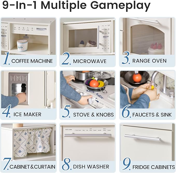 Tiny Land Play Kitchen for Kids, Upgraded Wooden Kitchen Toy with Complete Play Areas, Pretend Cooking Set with Sink, Stove, Microwave, Toy Coffee Station & Storage for Kids Ages 3+