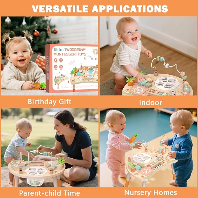 Activity Table, 9-in-1 Wooden Montessori Toy Activity Center with Shape Sorter Fishing Game Bead Maze, Baby Play Table Sensory Educational Toys for Toddler
