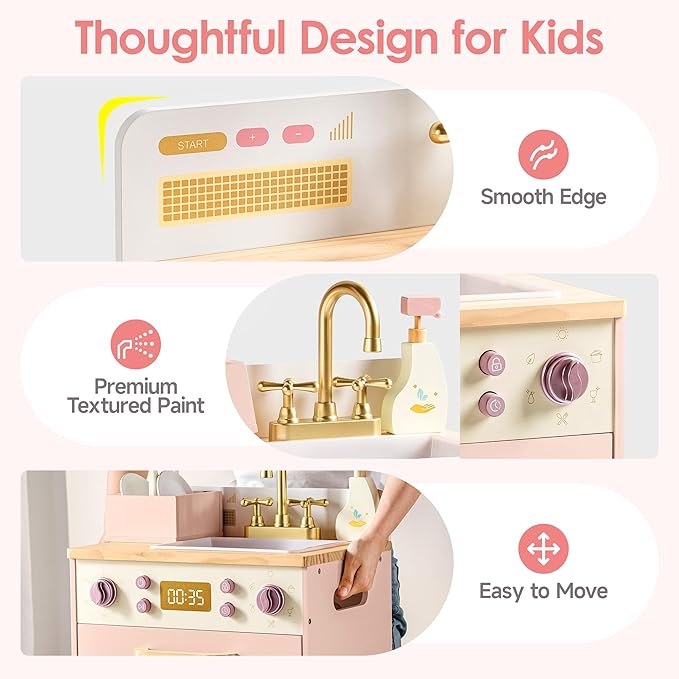 ROBOTIME Wooden Toy Dishwasher Sink – Pink Pretend Kitchen Toy with Gold Faucet, Turning Knobs, Dish Rack, Plates, Bowls, Cups – Montessori Wooden Play Kitchen for Girls Ages 3+