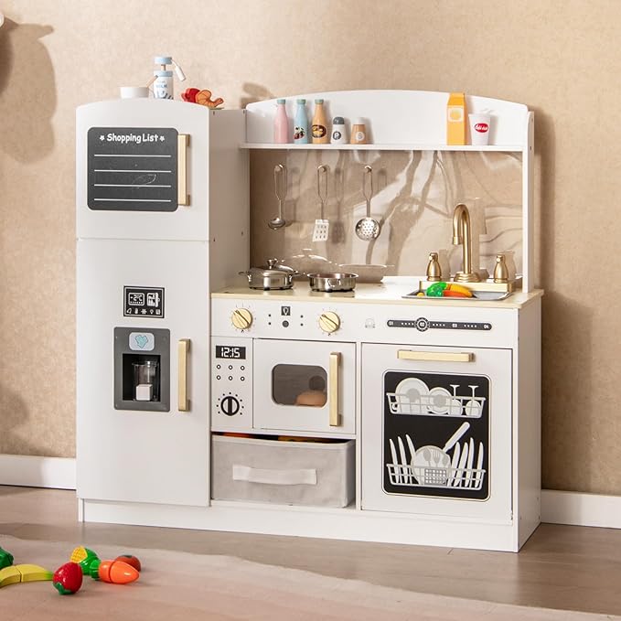 HONEY JOY Kids Kitchen Playset, Wooden Toy Kitchen Set with Lights & Sounds, Microwave, Ice Maker, Storage Box, Interactive Little Chef Pretend Play Kitchen for Toddlers, Gift for Boys Girls (White)