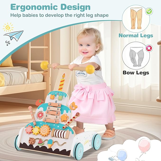 HONEY JOY Baby Push Walker, Wooden Infant Walker Activity Center w/Adjustable Handle, Develop Motor Skills & Creativity, Push Toys for Babies Learning to Walk, First Birthday Gift for Boys and Girls
