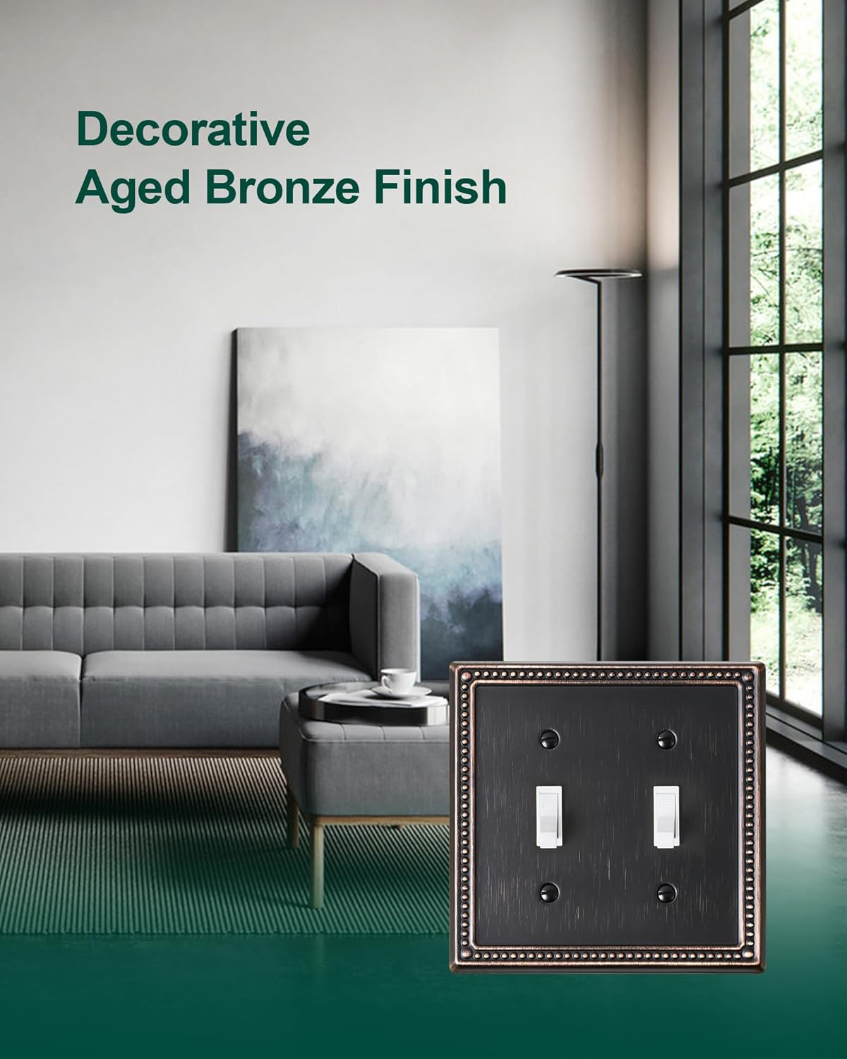 2-Pack Double Toggle Light Switch Cover Plate, Pearls Decorative Dual Switch Plate Covers, Aged Bronze 2 Gang Metal Wall Plate, Corrosion Resistant