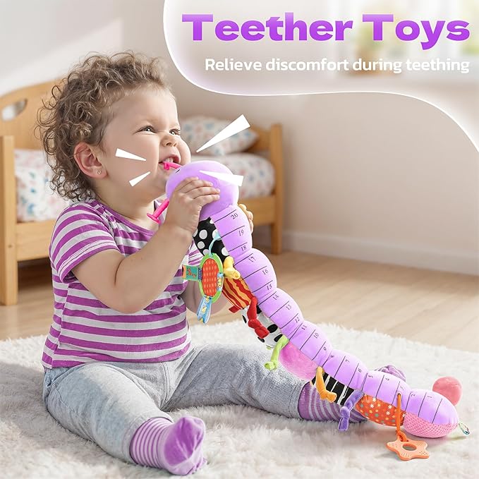 HEMRLY Baby Sensory Toy 0-6 Months, Musical Stuffed Caterpillar Plush with Teether, Crinkle, Rattle, Baby Mirror for Tummy Time,Infant Car Seat Toy for 0-3-6-12 Month Boys Girls Gifts- Knotted Purple