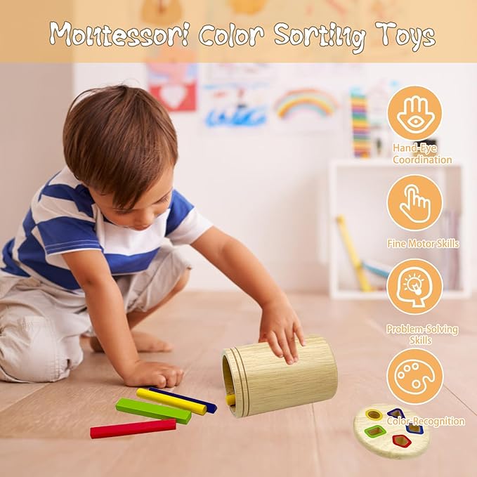 Wooden Montessori Sticks Toys for Kids, 8 Colors Natural Wood Toddler Learning Sorting Toys for 3 Year Old, Sensory Matching Game Birthday Gifts for Boys Girls (Multi-Shaped Stick)