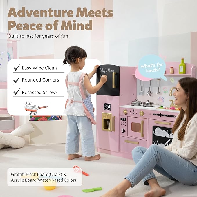 Pretend Kitchen Playset for Kids, Interactive Play Kitchen Wooden Toy Set w/Realistic Design, Sink, Microwave, Ice Maker, Dishwasher, Toddler Cooking Set Toy for Ages 3+, Pink